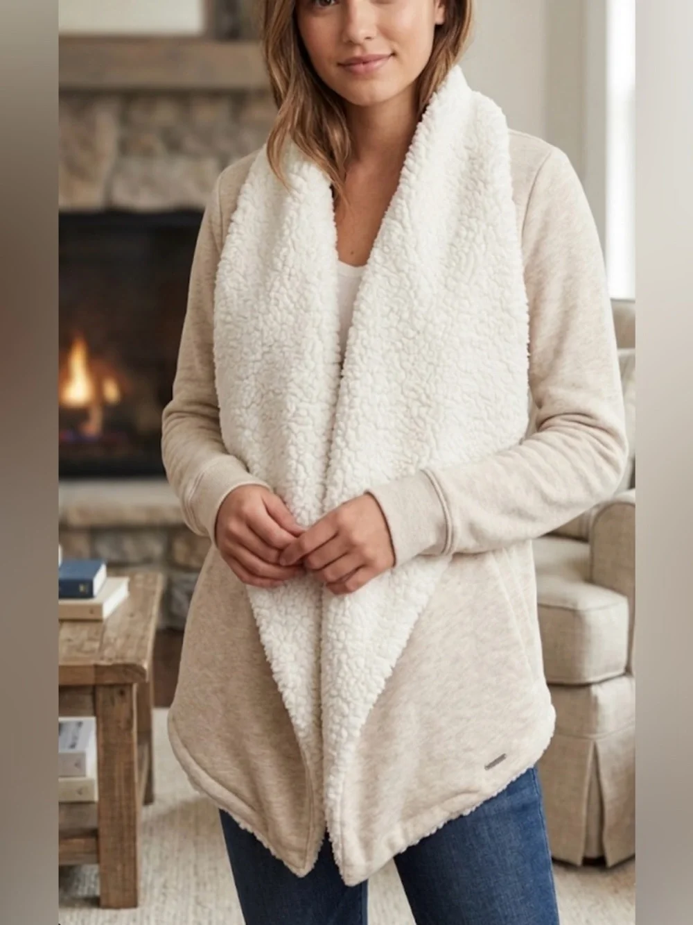 Hollister Cream Fleece Cardigan Cotton Blend Sweater  Size M